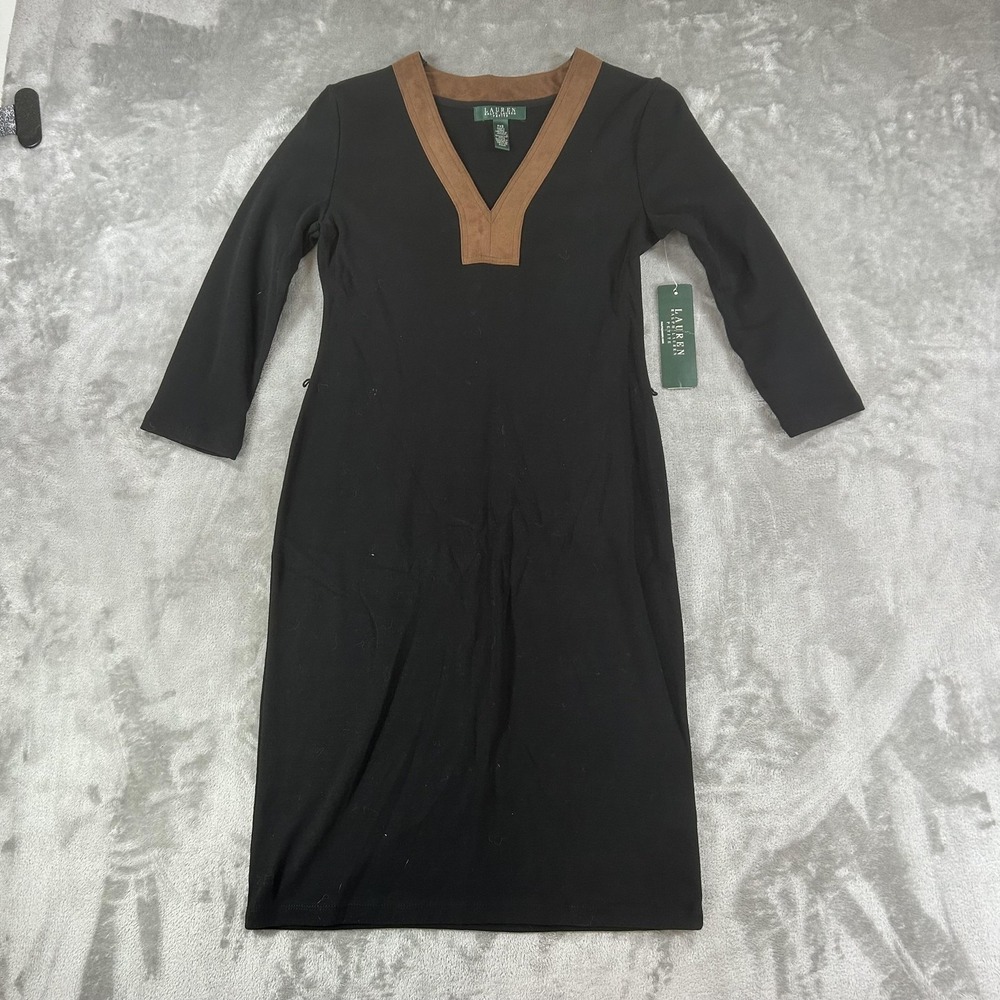 Lauren Ralph Lauren Dress Womens Petite XS‎ Black Sheath V Neck Knit 3/4 Sleeve